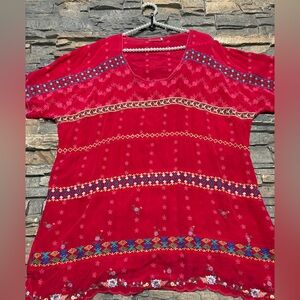 Johnny Was Red Embroidered Eyelet Short Sleeve Tunic Top Size XXL Boho Beach